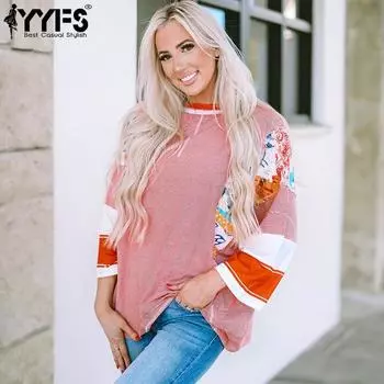 YYFS женские модные повседневные весенне-осенние блузки и рубашки с круглым вырезом и длинными рукавами с цветочным узором и принтом S