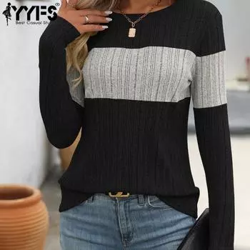 YYFS женские модные повседневные весенне-осенние блузки и рубашки с круглым вырезом и длинными рукавами с цветным принтом S чёрный