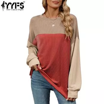 YYFS женские модные повседневные весенне-осенние блузки и рубашки с круглым вырезом и длинными рукавами с цветным принтом S красный