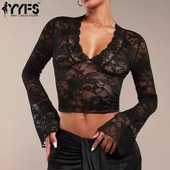 YYFS женские модные повседневные весенне-осенние блузки и рубашки с v-образным вырезом и длинными рукавами с цветочным узором и принтом S чёрный