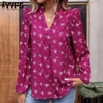 YYFS женские модные повседневные весенне-осенние блузки и рубашки с v-образным вырезом и длинными рукавами с цветочным узором и принтом S