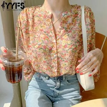 YYFS Женские модные повседневные весенне-осенние блузки и рубашки с круглым вырезом и длинными рукавами с цветочным узором и принтом S