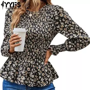YYFS Женские модные повседневные весенне-осенние блузки и рубашки с круглым вырезом и длинными рукавами с цветочным узором и принтом S чёрный