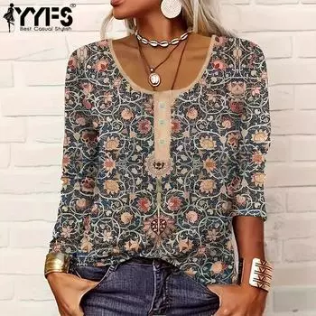 YYFS женские модные повседневные весенне-осенние блузки и рубашки с круглым вырезом и длинными рукавами с цветочным узором и принтом S хаки