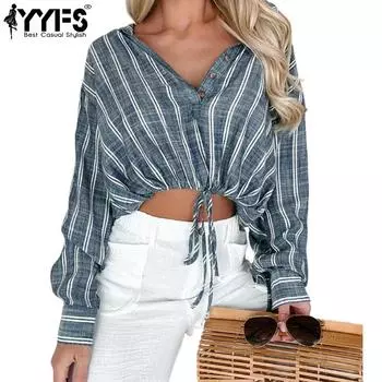 YYFS женские модные повседневные весенне-осенние блузки и рубашки с длинным рукавом и v-образным вырезом в полоску с принтом S белый