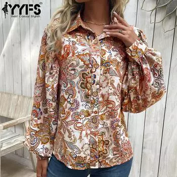 YYFS женские модные повседневные весенне-осенние богемные рубашки-поло с длинным рукавом и принтом в богемном стиле, блузки и рубашки S абрикосовый