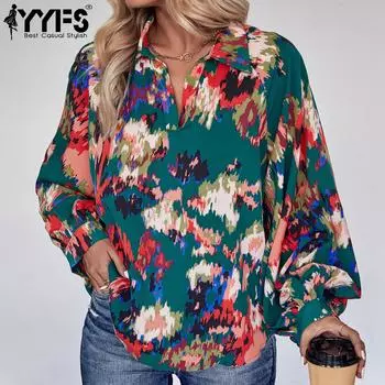 YYFS женские модные повседневные весенне-осенние цветные блок-принты с длинными рукавами и воротником-поло блузки и рубашки S зелёный