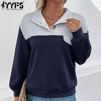 YYFS женские модные повседневные весенне-осенние цветные блок-принты с длинными рукавами и воротником-поло блузки и рубашки S темно-синий