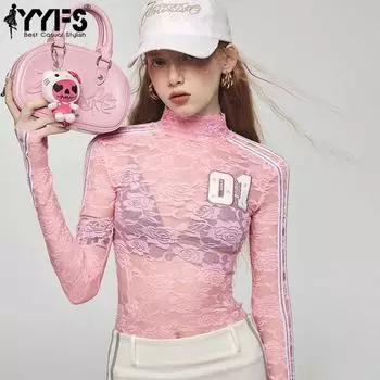 YYFS женские модные повседневные весенне-осенние цветочные узоры с длинными рукавами и воротником-водолазкой, блузки и рубашки S розовый