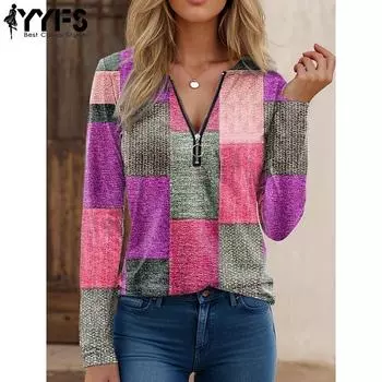 YYFS женские модные повседневные весенне-осенние клетчатые блузки и рубашки с длинным рукавом и v-образным вырезом с принтом S красный