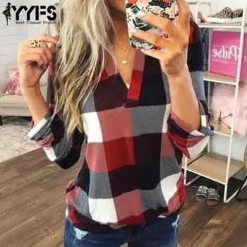 YYFS женские модные повседневные весенне-осенние клетчатые блузки и рубашки с длинным рукавом и v-образным вырезом с принтом S красный