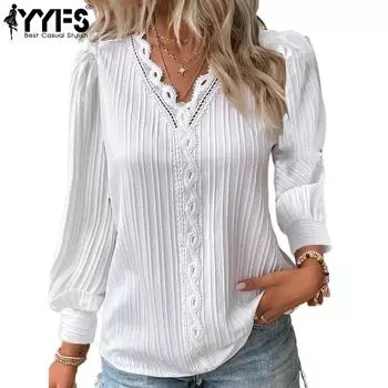 YYFS женские модные повседневные весенне-осенние однотонные пуловеры с принтом и блузки и рубашки с v-образным вырезом с длинными рукавами S белый