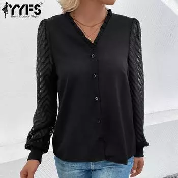 YYFS женские модные повседневные весенне-осенние однотонные блузки и рубашки с длинными рукавами и v-образным вырезом с принтом S чёрный