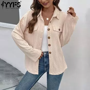 YYFS женские модные повседневные весенне-осенние однотонные рубашки-поло с длинным рукавом с принтом и воротником, блузки и рубашки S хаки