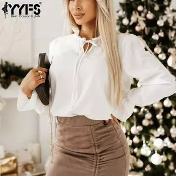 YYFS женские модные повседневные весенне-осенние однотонные белые пуловеры с длинными рукавами и v-образным вырезом с принтом, блузки и рубашки S белый
