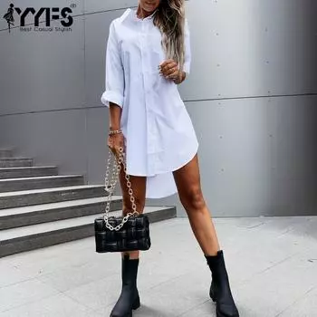 YYFS женские модные повседневные весенне-осенние однотонные рубашки-поло с длинным рукавом с принтом и воротником, блузки и рубашки S белый