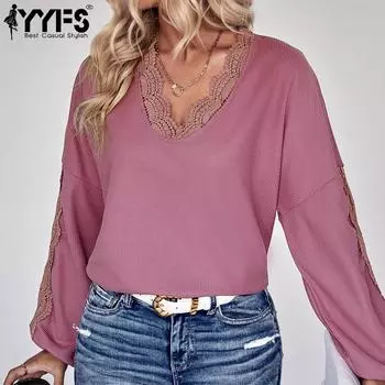 YYFS женские модные повседневные весенне-осенние однотонные блузки и рубашки с длинными рукавами и v-образным вырезом с принтом S красное дерево