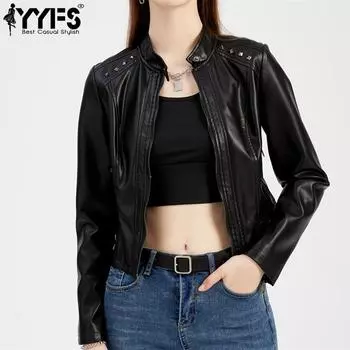YYFS женские модные повседневные весенне-осенние однотонные блузки и рубашки с длинными рукавами и воротником-стойкой с принтом, верхняя куртка, S-4XL S чёрный