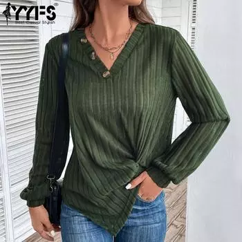 YYFS женские модные повседневные весенне-осенние однотонные блузки и рубашки с длинными рукавами и v-образным вырезом с принтом S армия зеленый