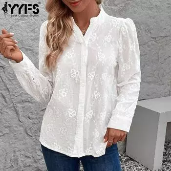 YYFS женские модные повседневные весенне-осенние однотонные блузки и рубашки с цветочным узором и воротником-стойкой с длинными рукавами S белый