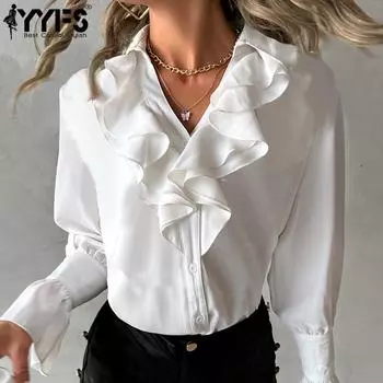 YYFS женские модные повседневные весенне-осенние однотонные блузки и рубашки с длинным рукавом и v-образным вырезом с принтом S чёрный