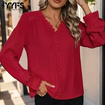 YYFS женские модные повседневные весенне-осенние однотонные блузки и рубашки с длинным рукавом и v-образным вырезом с принтом S красный
