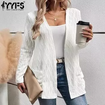 YYFS женские модные повседневные весенне-осенние однотонные блузки и рубашки с длинным рукавом и v-образным вырезом с принтом S белый