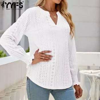 YYFS женские модные повседневные весенне-осенние однотонные блузки и рубашки с длинным рукавом и v-образным вырезом с принтом S белый