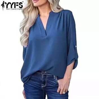 YYFS женские модные повседневные весенне-осенние однотонные блузки и рубашки с длинным рукавом и v-образным вырезом с принтом S тёмно-синий