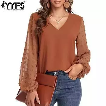 YYFS женские модные повседневные весенне-осенние однотонные блузки и рубашки с длинным рукавом и v-образным вырезом с принтом S оранжевый