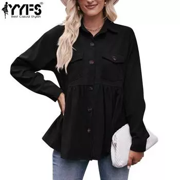 YYFS женские модные повседневные весенне-осенние однотонные рубашки-поло с длинным рукавом с принтом и воротником, блузки и рубашки S чёрный