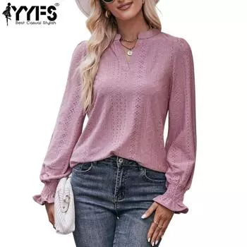 YYFS женские модные повседневные весенне-осенние однотонные блузки и рубашки с длинным рукавом и v-образным вырезом с принтом S