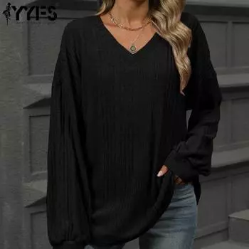 YYFS женские модные повседневные весенне-осенние однотонные блузки и рубашки с длинным рукавом и v-образным вырезом с принтом S чёрный