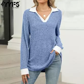 YYFS женские модные повседневные весенне-осенние однотонные блузки и рубашки с длинным рукавом и v-образным вырезом с принтом S