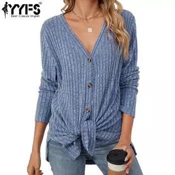 YYFS женские модные повседневные весенне-осенние однотонные блузки и рубашки с длинным рукавом и v-образным вырезом с принтом S