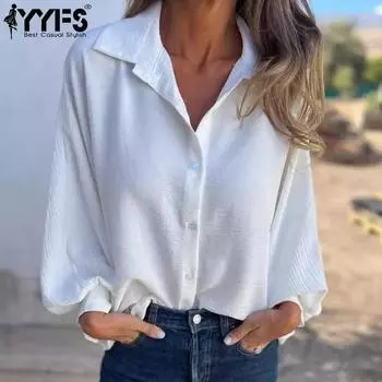 YYFS женские модные повседневные весенне-осенние однотонные рубашки-поло с длинным рукавом с принтом и воротником, блузки и рубашки S чёрный