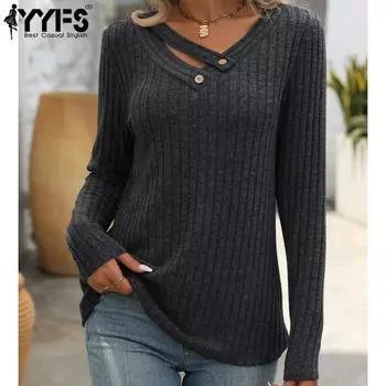 YYFS женские модные повседневные весенне-осенние однотонные блузки и рубашки с длинным рукавом и v-образным вырезом с принтом S
