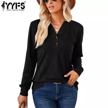 YYFS женские модные повседневные весенне-осенние однотонные блузки и рубашки с длинным рукавом и v-образным вырезом с принтом S чёрный