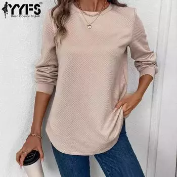 YYFS женские модные повседневные весенне-осенние однотонные блузки и рубашки с круглым вырезом и длинными рукавами с принтом S хаки