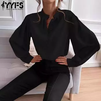 YYFS женские модные повседневные весенне-осенние однотонные блузки и рубашки с длинным рукавом и v-образным вырезом с принтом S чёрный
