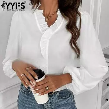 YYFS женские модные повседневные весенне-осенние однотонные блузки и рубашки с длинным рукавом и v-образным вырезом с принтом S белый