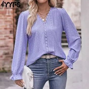YYFS женские модные повседневные весенне-осенние однотонные блузки и рубашки с длинным рукавом и v-образным вырезом с принтом S фиолетовый