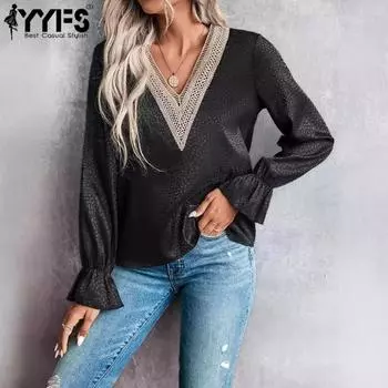 YYFS женские модные повседневные весенне-осенние однотонные блузки и рубашки с длинным рукавом и v-образным вырезом с принтом S чёрный