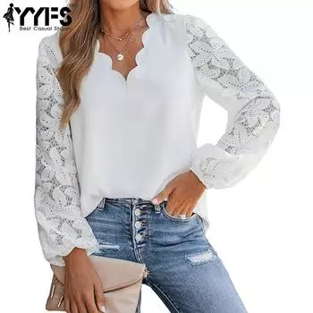 YYFS женские модные повседневные весенне-осенние однотонные блузки и рубашки с длинным рукавом и v-образным вырезом с принтом S белый