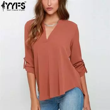 YYFS женские модные повседневные весенне-осенние однотонные блузки и рубашки с длинным рукавом и v-образным вырезом с принтом S чёрный