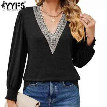 YYFS женские модные повседневные весенне-осенние однотонные блузки и рубашки с длинным рукавом и v-образным вырезом с принтом S чёрный