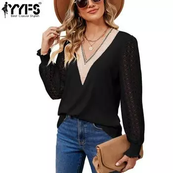 YYFS женские модные повседневные весенне-осенние однотонные блузки и рубашки с длинным рукавом и v-образным вырезом с принтом S чёрный