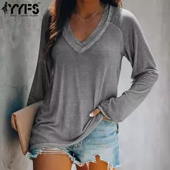 YYFS женские модные повседневные весенне-осенние однотонные блузки и рубашки с длинным рукавом и v-образным вырезом с принтом S серый