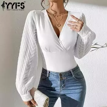 YYFS женские модные повседневные весенне-осенние однотонные блузки и рубашки с длинным рукавом и v-образным вырезом с принтом S белый
