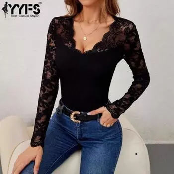 YYFS женские модные повседневные весенне-осенние однотонные блузки и рубашки с длинным рукавом и v-образным вырезом с принтом S чёрный